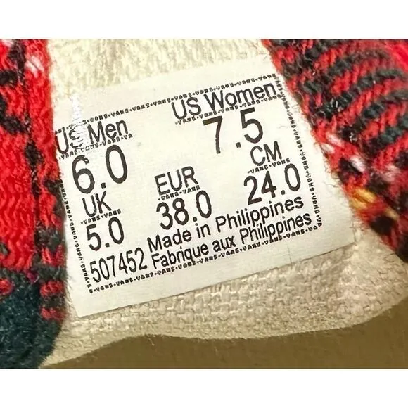 🔥 VANS STYLE 93 PLAID MARY JANE SNEAKER IN PLAID RED/BLACK Size 6 Men 7.5 Women