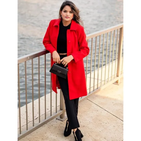 💫 Women Red Long Trench Coat Wool Winter Thick Front button Walker Coats