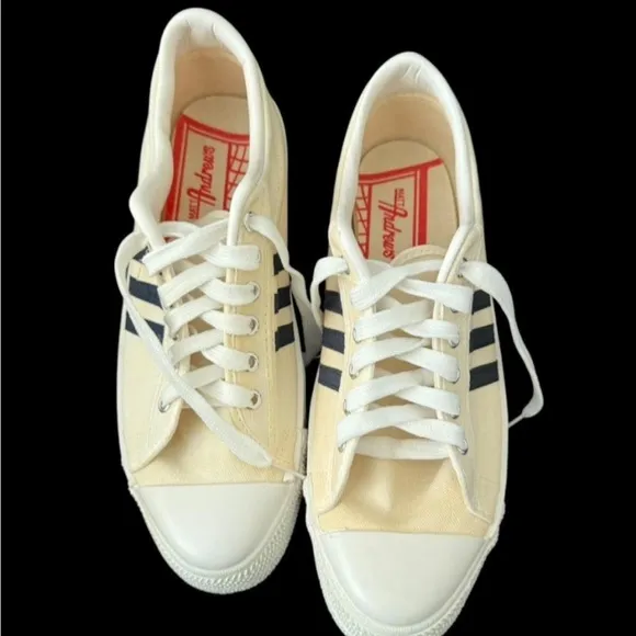 1970'S VINTAGE MEN'S MATT ANDREWS CANVAS BLUE STRIPE SNEAKERS SIZE 10 EXCELLENT