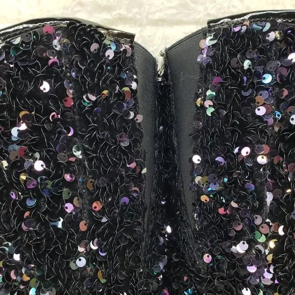 3020 Black Multi Stretch Sequin Platform 7&quot; Heels Thigh High Boots