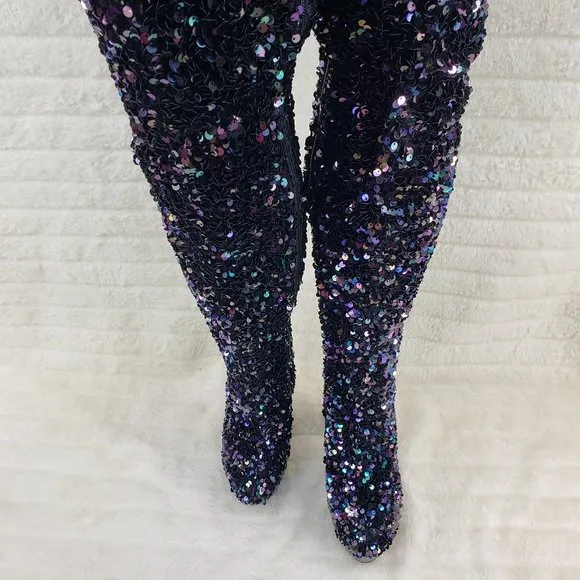 3020 Black Multi Stretch Sequin Platform 7&quot; Heels Thigh High Boots