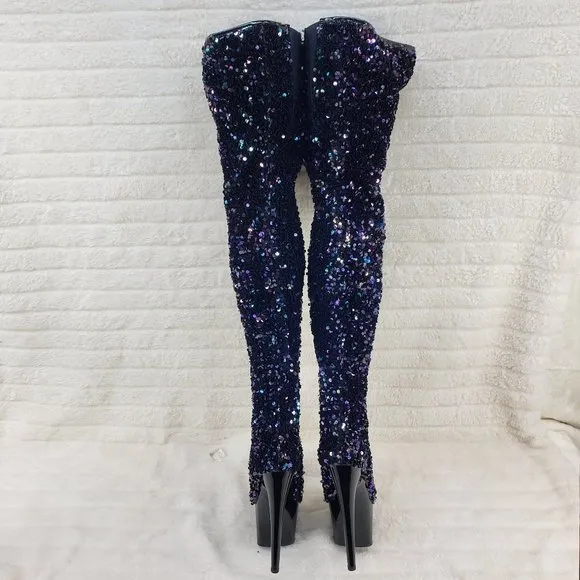 3020 Black Multi Stretch Sequin Platform 7&quot; Heels Thigh High Boots