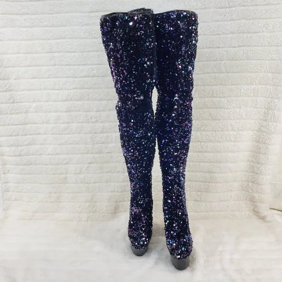 3020 Black Multi Stretch Sequin Platform 7&quot; Heels Thigh High Boots