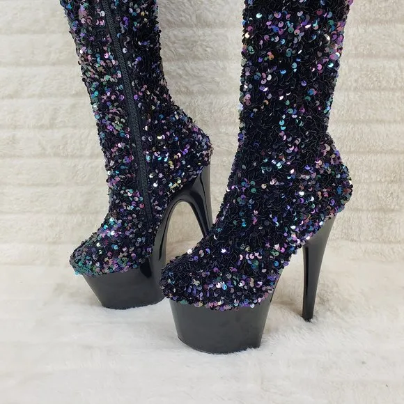 3020 Black Multi Stretch Sequin Platform 7&quot; Heels Thigh High Boots