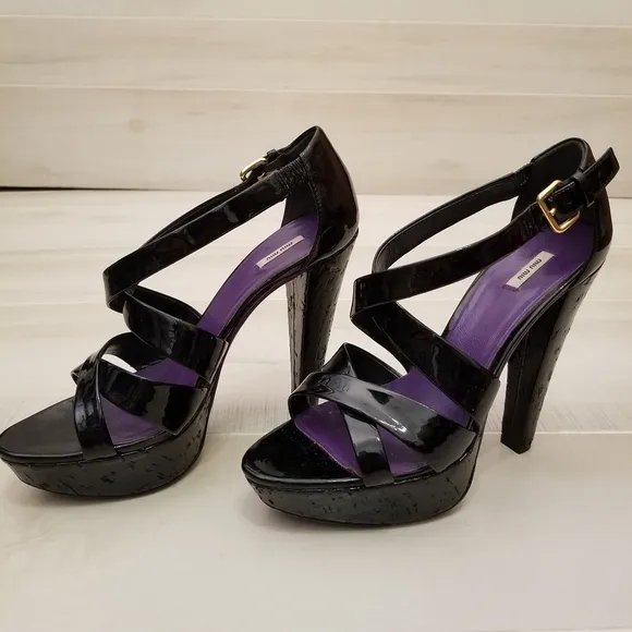 {37.5} Miu Miu Prada Black Strappy Leather Sandal