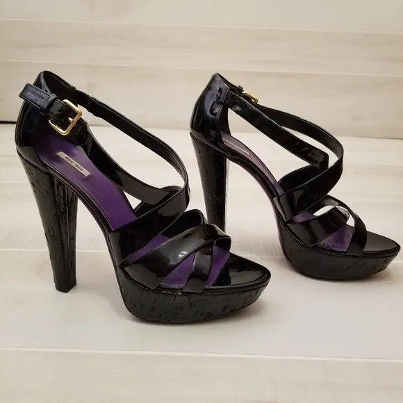 {37.5} Miu Miu Prada Black Strappy Leather Sandal