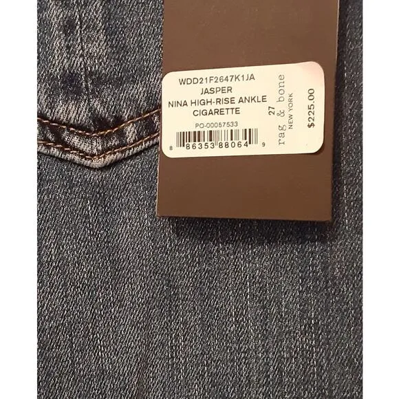 60% OFF NWT Rag &amp; Bone Nina High-Rise Ankle Cigarette Jeans Jasper  27 MSRP $240