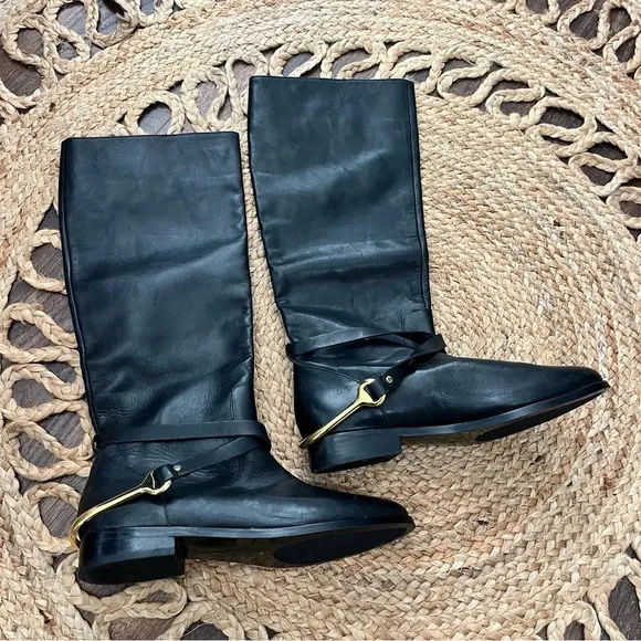 90s Ralph Lauren Jenny Tall Leather Black Riding Boots with Brass Spurs Size 9.5