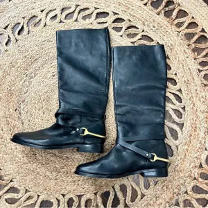 90s Ralph Lauren Jenny Tall Leather Black Riding Boots with Brass Spurs Size 9.5