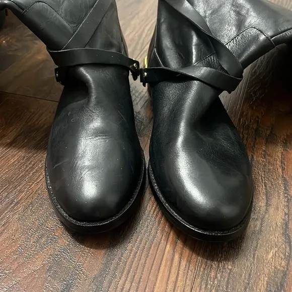 90s Ralph Lauren Jenny Tall Leather Black Riding Boots with Brass Spurs Size 9.5