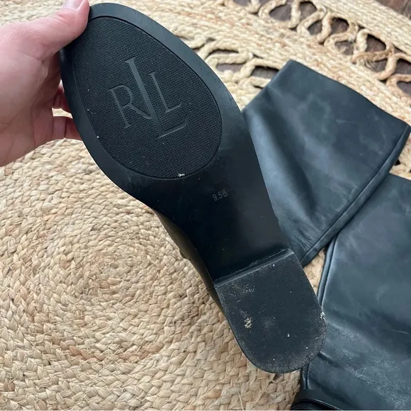 90s Ralph Lauren Jenny Tall Leather Black Riding Boots with Brass Spurs Size 9.5
