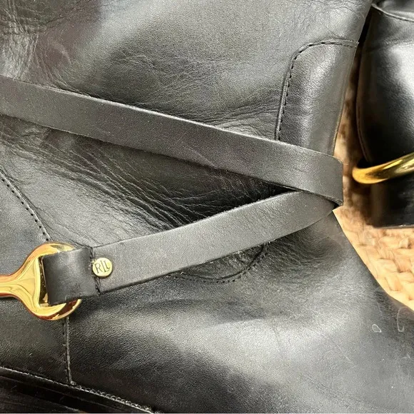 90s Ralph Lauren Jenny Tall Leather Black Riding Boots with Brass Spurs Size 9.5