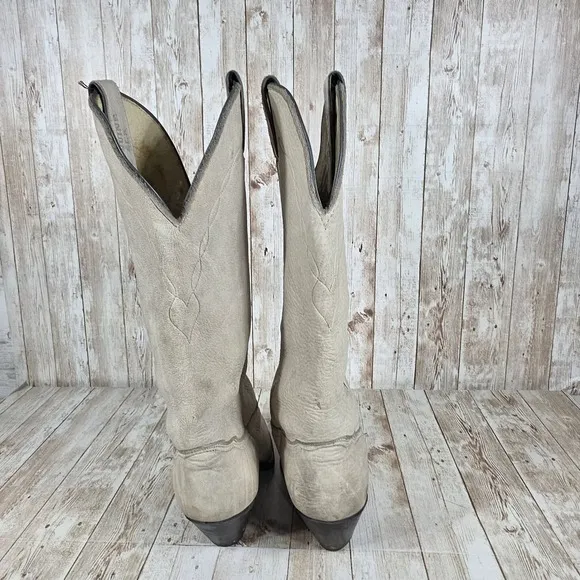 Abilene Western Cowboy Boots Cream Leather Pointed Toe Pull On Boots 7M