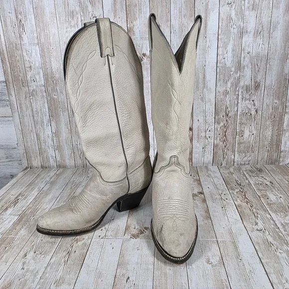 Abilene Western Cowboy Boots Cream Leather Pointed Toe Pull On Boots 7M