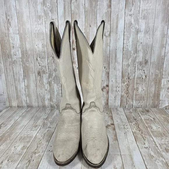 Abilene Western Cowboy Boots Cream Leather Pointed Toe Pull On Boots 7M