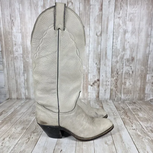 Abilene Western Cowboy Boots Cream Leather Pointed Toe Pull On Boots 7M