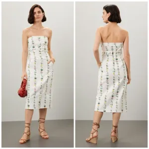Adam Lippes White Floral Stripe Strapless Midi Dress Size 14