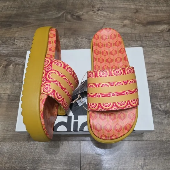 Adidas Platfoam Stylish Pink and Orange Slide Sandals Women Size 8