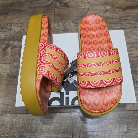 Adidas Platfoam Stylish Pink and Orange Slide Sandals Women Size 8