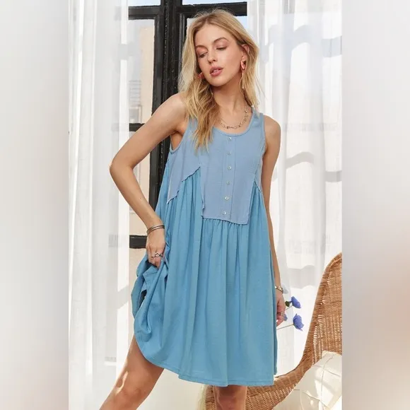 ADORA Decorative Button Sleeveless Babydoll Dress