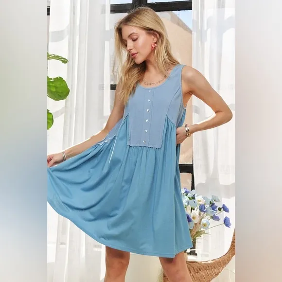 ADORA Decorative Button Sleeveless Babydoll Dress