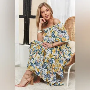 ADORA Layered Floral Off-Shoulder Short Sleeve Maxi Dress