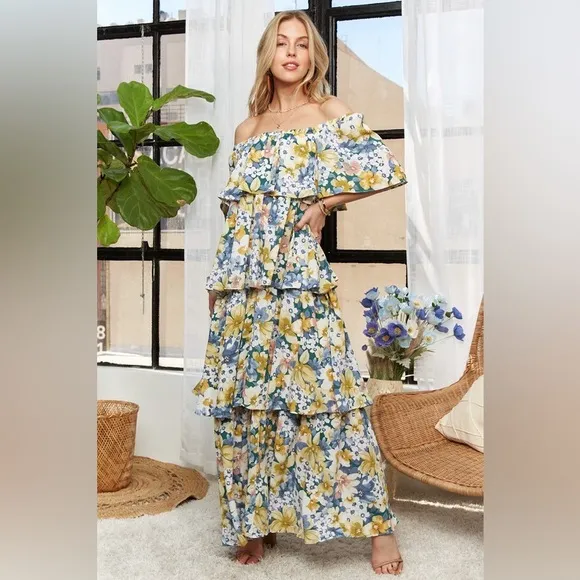ADORA Layered Floral Off-Shoulder Short Sleeve Maxi Dress