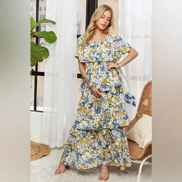 ADORA Layered Floral Off-Shoulder Short Sleeve Maxi Dress