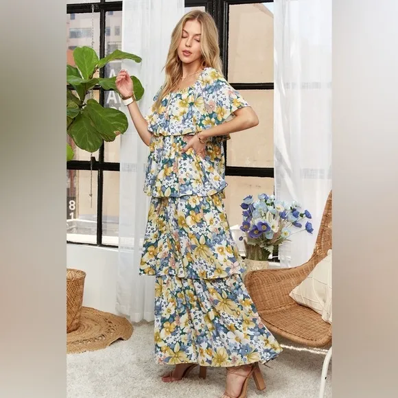 ADORA Layered Floral Off-Shoulder Short Sleeve Maxi Dress