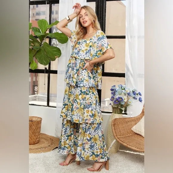 ADORA Layered Floral Off-Shoulder Short Sleeve Maxi Dress