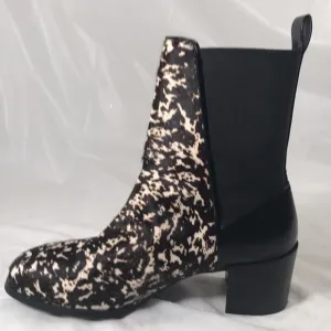 Adrianna Pappell Women’s Black Leather Brown Cow Fur Pull On Stretch Ankle Boot