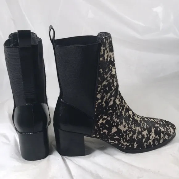 Adrianna Pappell Women’s Black Leather Brown Cow Fur Pull On Stretch Ankle Boot