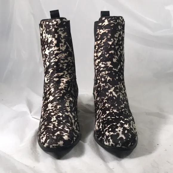 Adrianna Pappell Women’s Black Leather Brown Cow Fur Pull On Stretch Ankle Boot