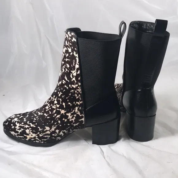 Adrianna Pappell Women’s Black Leather Brown Cow Fur Pull On Stretch Ankle Boot