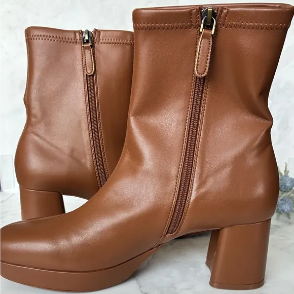 AEROSOLES “Sussex” Mid-Calf Platform Zip Up Boots in Cognac. New Without Tag.