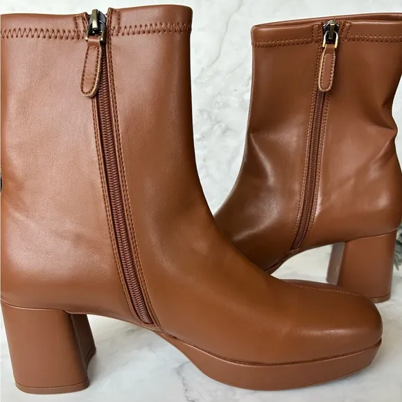 AEROSOLES “Sussex” Mid-Calf Platform Zip Up Boots in Cognac. New Without Tag.