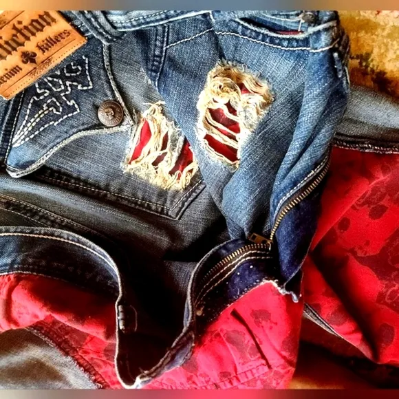 AFFLICTION Y2k Denim Killers Red Patches Flapover HTF Biker Hot Rod Jeans 38 EUC