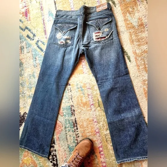 AFFLICTION Y2k Denim Killers Red Patches Flapover HTF Biker Hot Rod Jeans 38 EUC