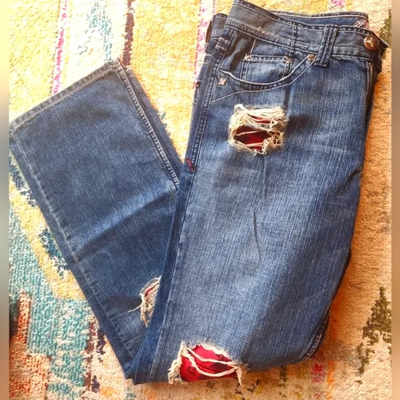 AFFLICTION Y2k Denim Killers Red Patches Flapover HTF Biker Hot Rod Jeans 38 EUC