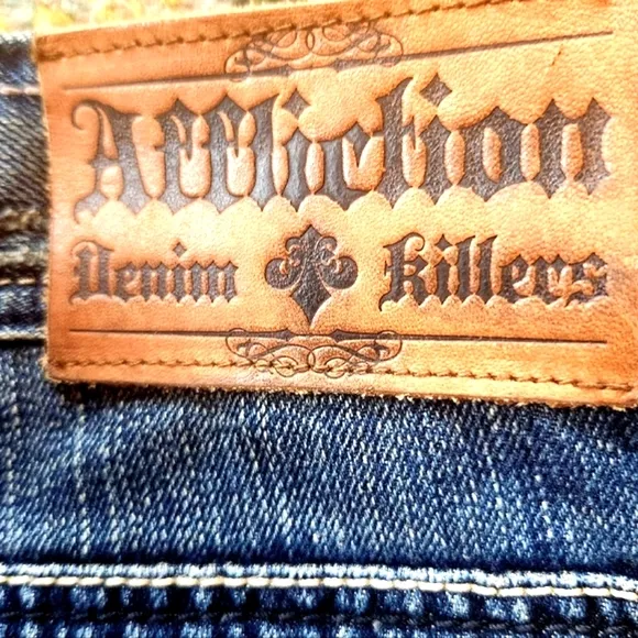 AFFLICTION Y2k Denim Killers Red Patches Flapover HTF Biker Hot Rod Jeans 38 EUC