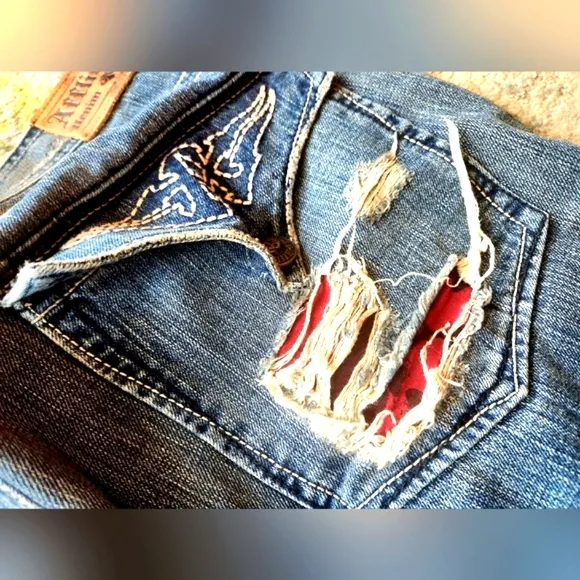 AFFLICTION Y2k Denim Killers Red Patches Flapover HTF Biker Hot Rod Jeans 38 EUC
