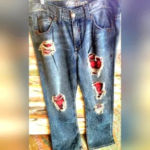 AFFLICTION Y2k Denim Killers Red Patches Flapover HTF Biker Hot Rod Jeans 38 EUC