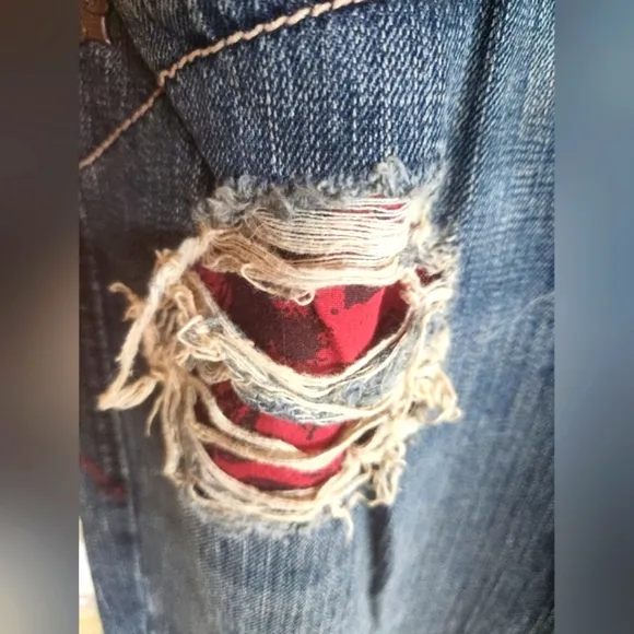AFFLICTION Y2k Denim Killers Red Patches Flapover HTF Biker Hot Rod Jeans 38 EUC