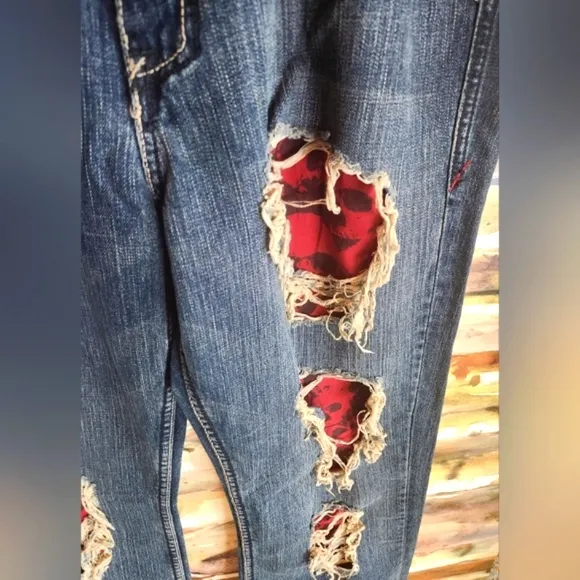 AFFLICTION Y2k Denim Killers Red Patches Flapover HTF Biker Hot Rod Jeans 38 EUC