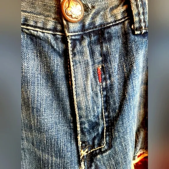 AFFLICTION Y2k Denim Killers Red Patches Flapover HTF Biker Hot Rod Jeans 38 EUC