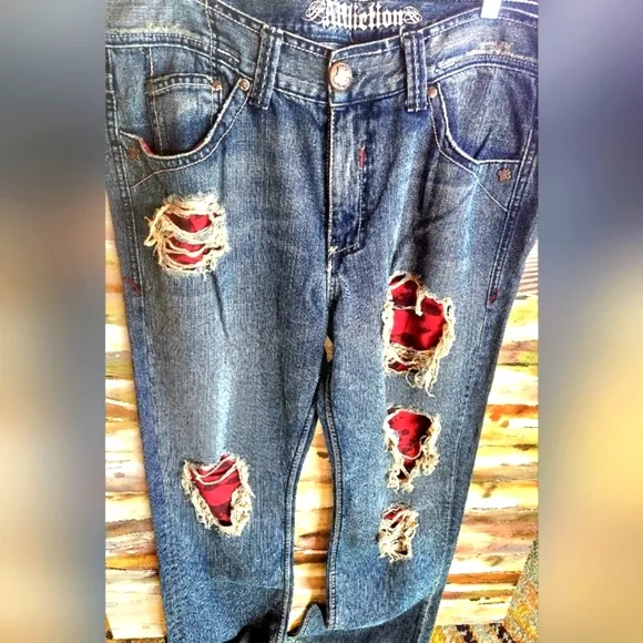 AFFLICTION Y2k Denim Killers Red Patches Flapover HTF Biker Hot Rod Jeans 38 EUC