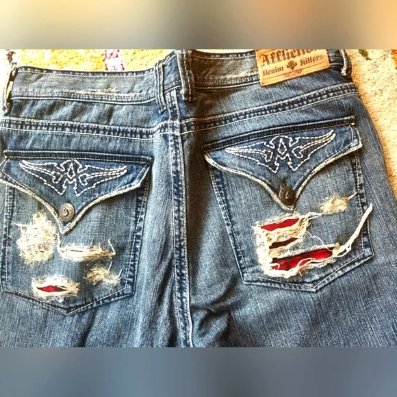 AFFLICTION Y2k Denim Killers Red Patches Flapover HTF Biker Hot Rod Jeans 38 EUC