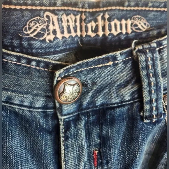 AFFLICTION Y2k Denim Killers Red Patches Flapover HTF Biker Hot Rod Jeans 38 EUC
