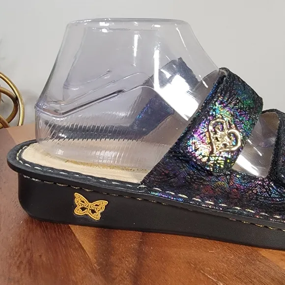 Alegria Audrey Iridescent Slide Sandals Three Strap Heart Decoration Size 39