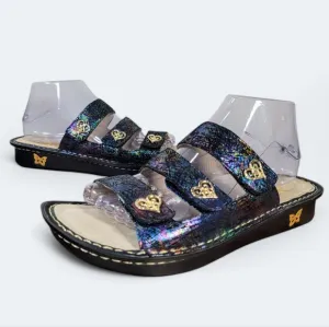 Alegria Audrey Iridescent Slide Sandals Three Strap Heart Decoration Size 39